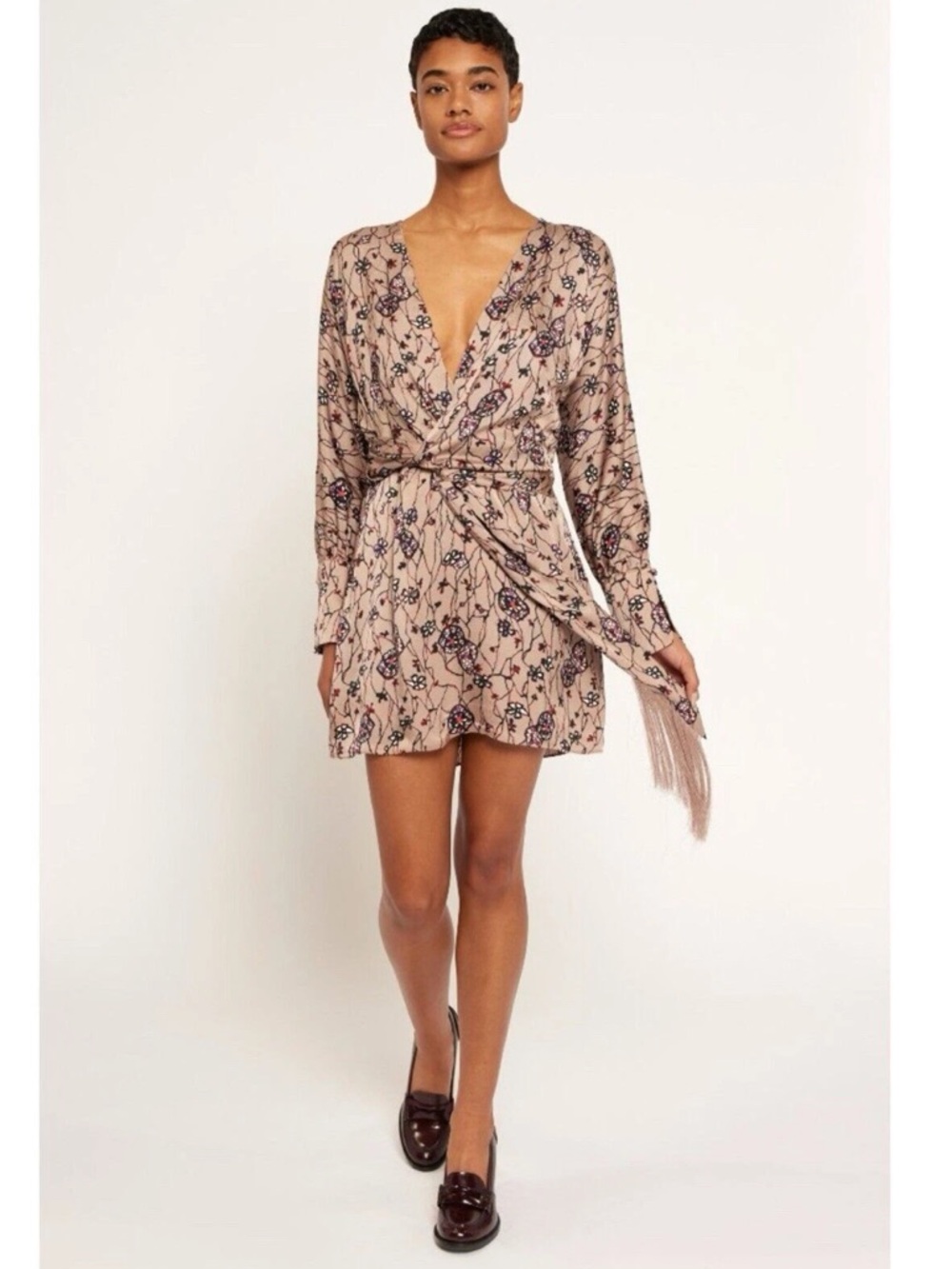 NWT Joie Ronnie Natural Multi Tan‎ Floral Long Sleeve Wrap Mini Dress